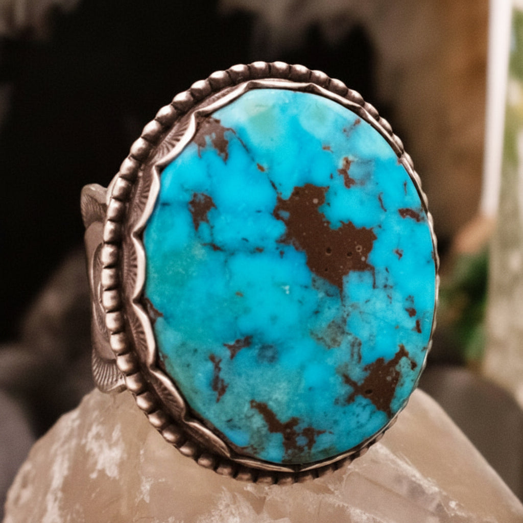 Vintage Navajo Sterling Silver Big Turquoise Ring Stamped Elgin Tom Size 11