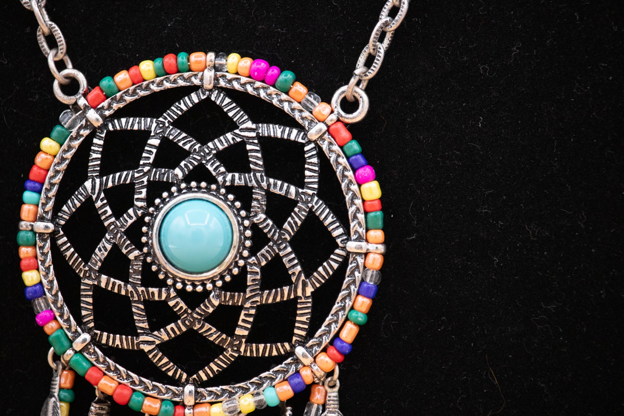 Dreamcatcher Necklace Turquoise Boho Feather Pendant Beaded Fringe 18 Inch Chain