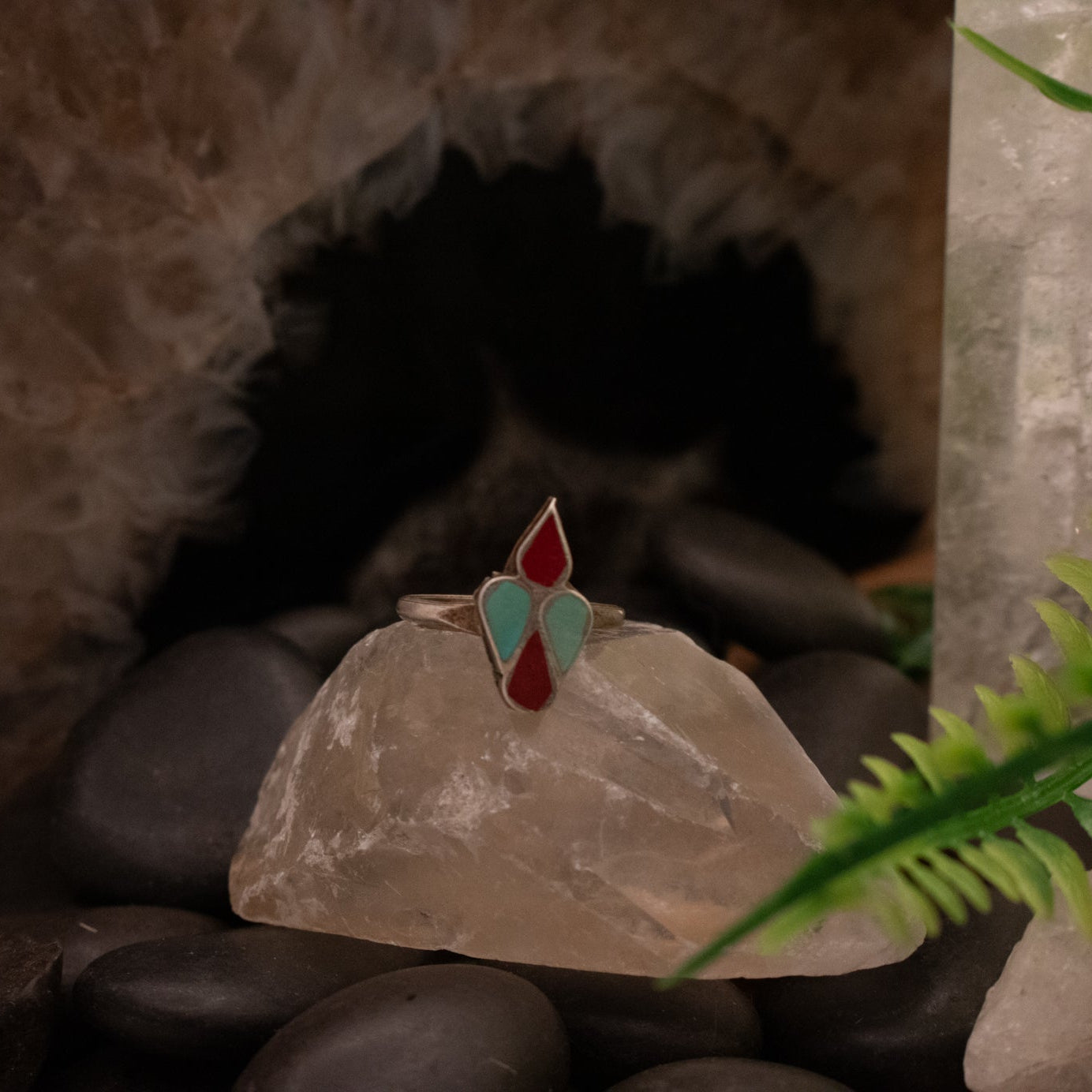 Zuni Navajo Sterling Silver Ring with Turquoise & Coral in a Geometric Shape