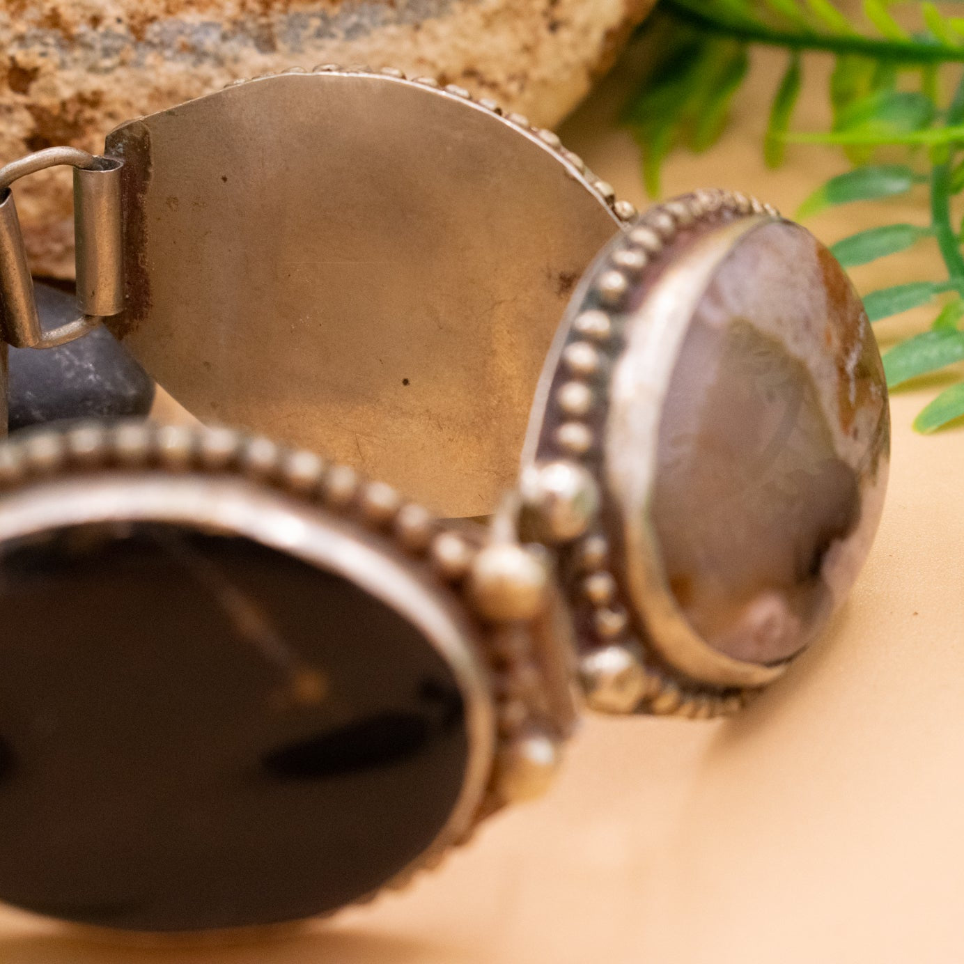 Vintage Silver Bracelet Features Polished Jasper, Agate, Jade and Onyx Stones