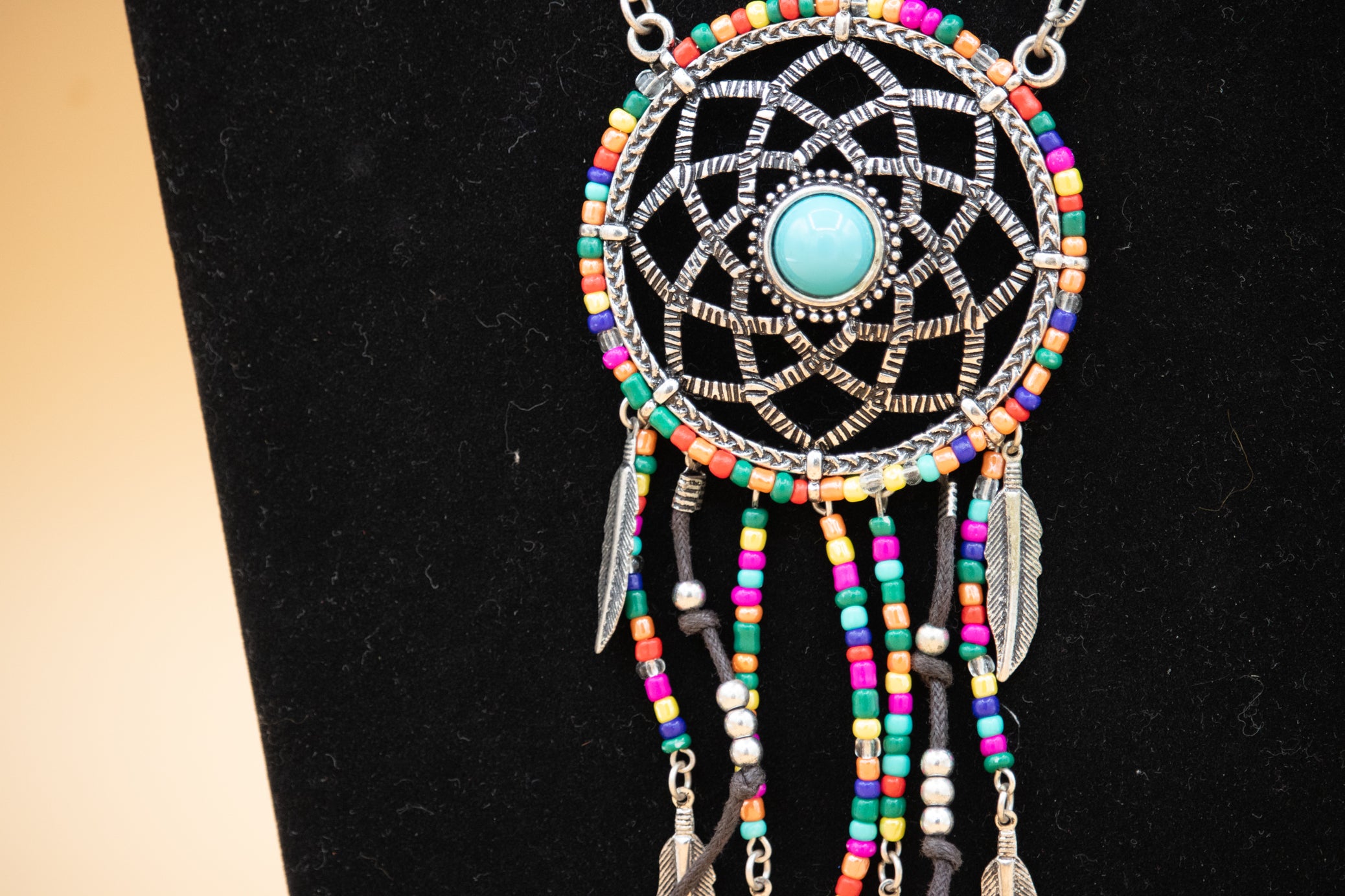 Dreamcatcher Necklace Turquoise Boho Feather Pendant Beaded Fringe 18 Inch Chain