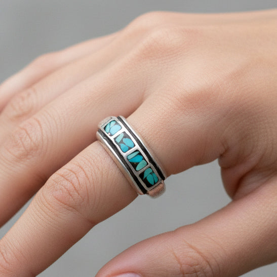 Sterling Silver Band with Inlaid Hachiya Turquoise Ring -Size 7.5