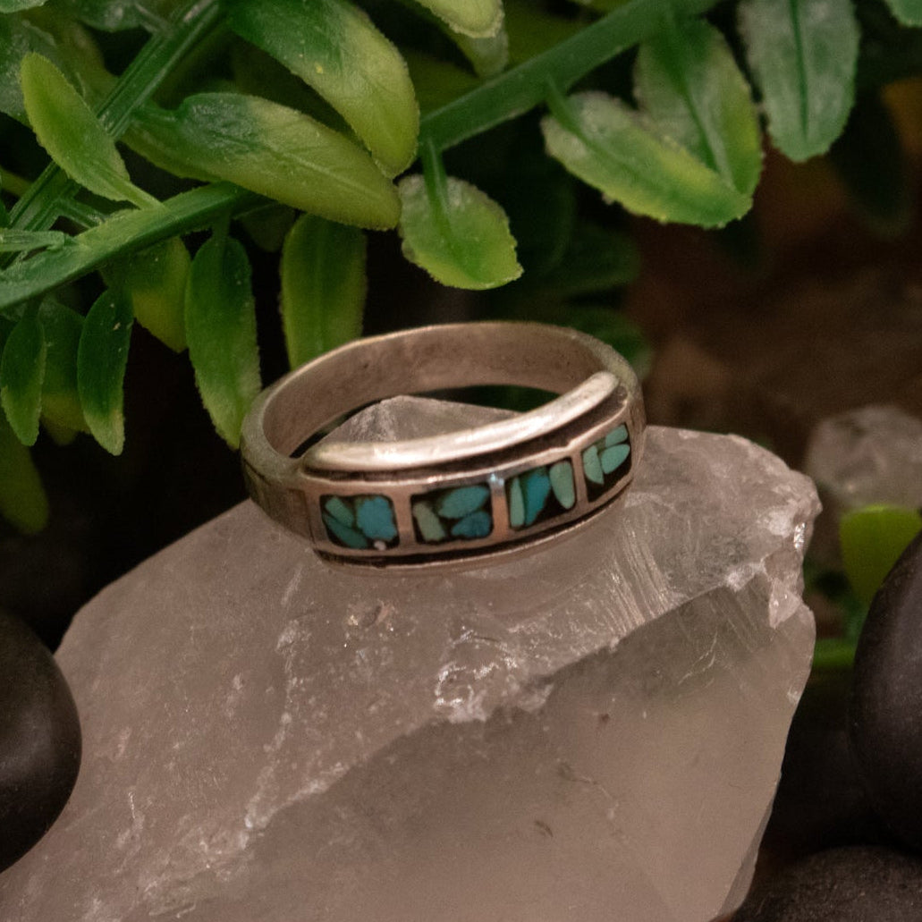 Sterling Silver Band with Inlaid Hachiya Turquoise Ring -Size 7.5