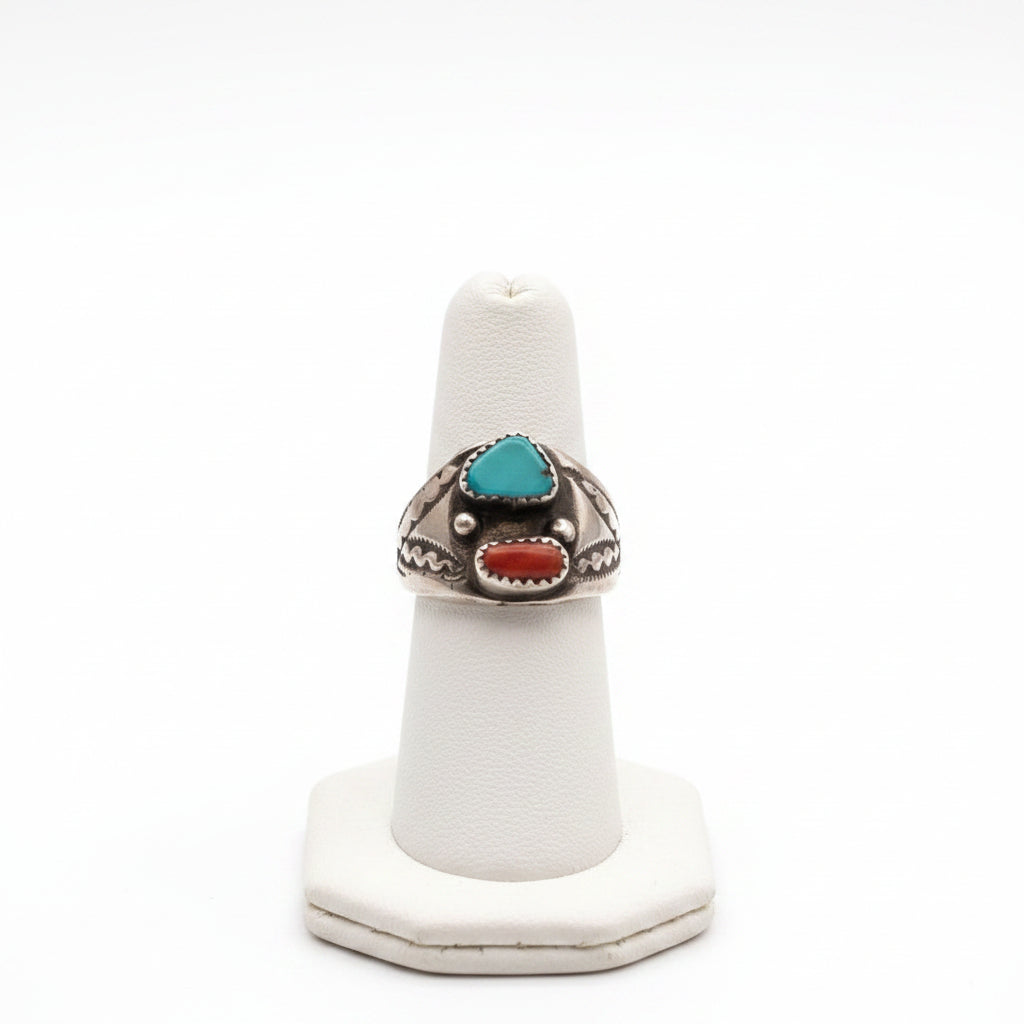 Fox Turquoise & Coral Inlaid Gemstone Sterling Silver Ring Size 11