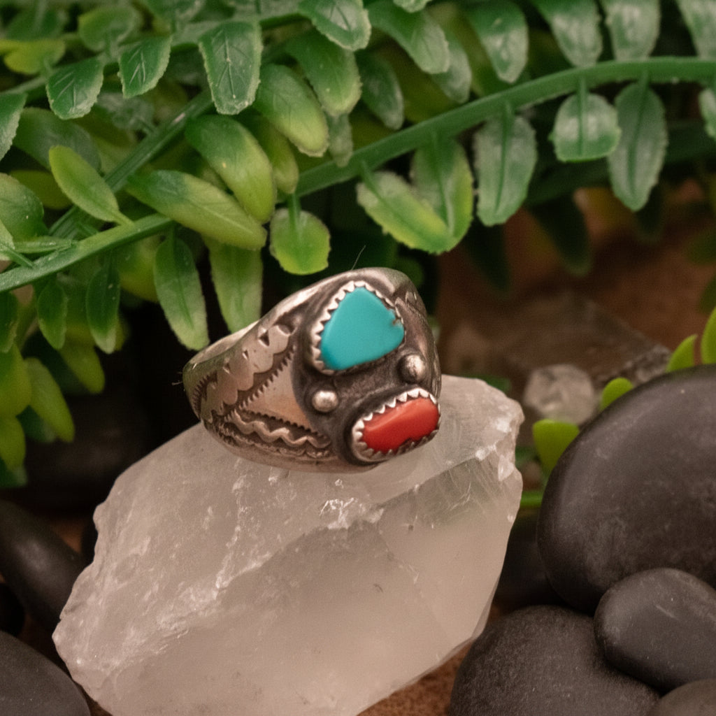 Fox Turquoise & Coral Inlaid Gemstone Sterling Silver Ring Size 11