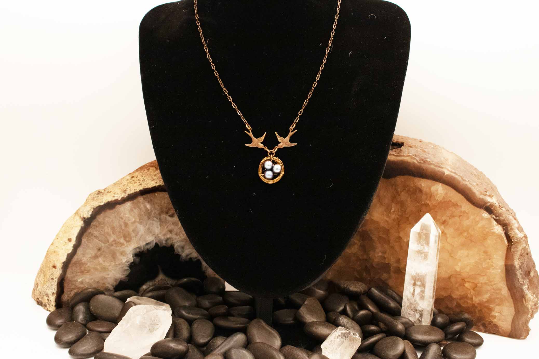 bird nest necklace gold tone swallow pendant pearl nest charm jewelry