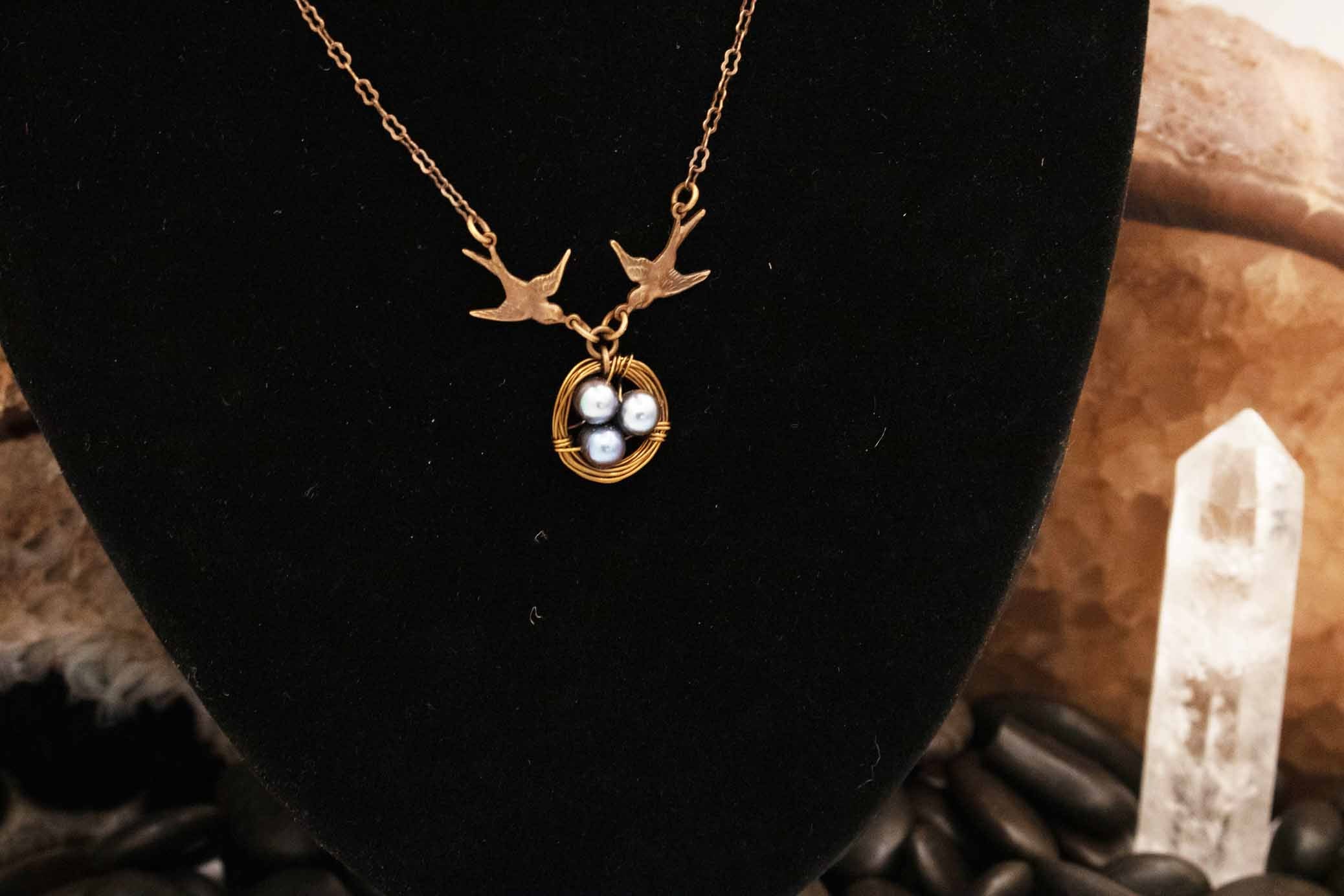 Bird Nest Necklace Gold Tone Swallow Pendant Pearl Nest Charm Nature Jewelry
