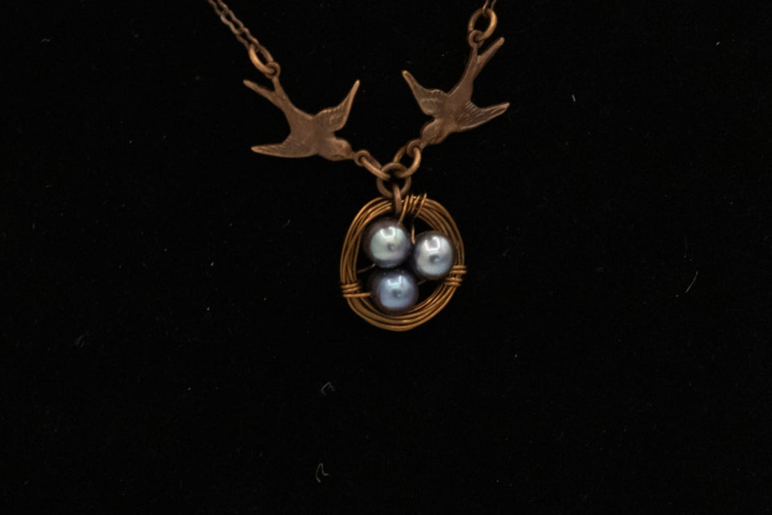Bird Nest Necklace Gold Tone Swallow Pendant Pearl Nest Charm Nature Jewelry