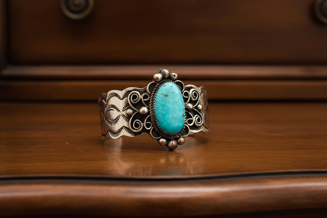 Navajo Turquoise Cuff Bracelet Nickel Silver by Cleveland