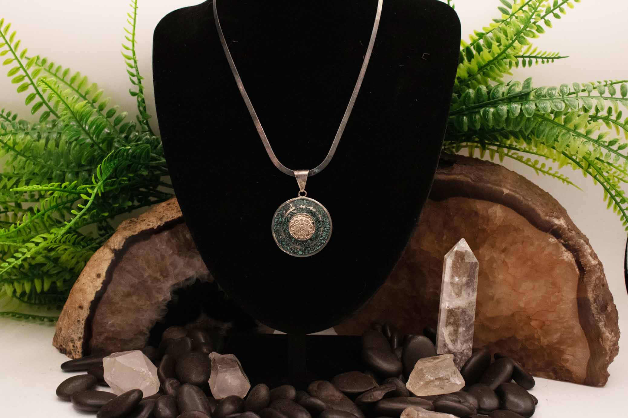 vintage mexican aztec calendar pendant sterling silver turquoise inlay necklace