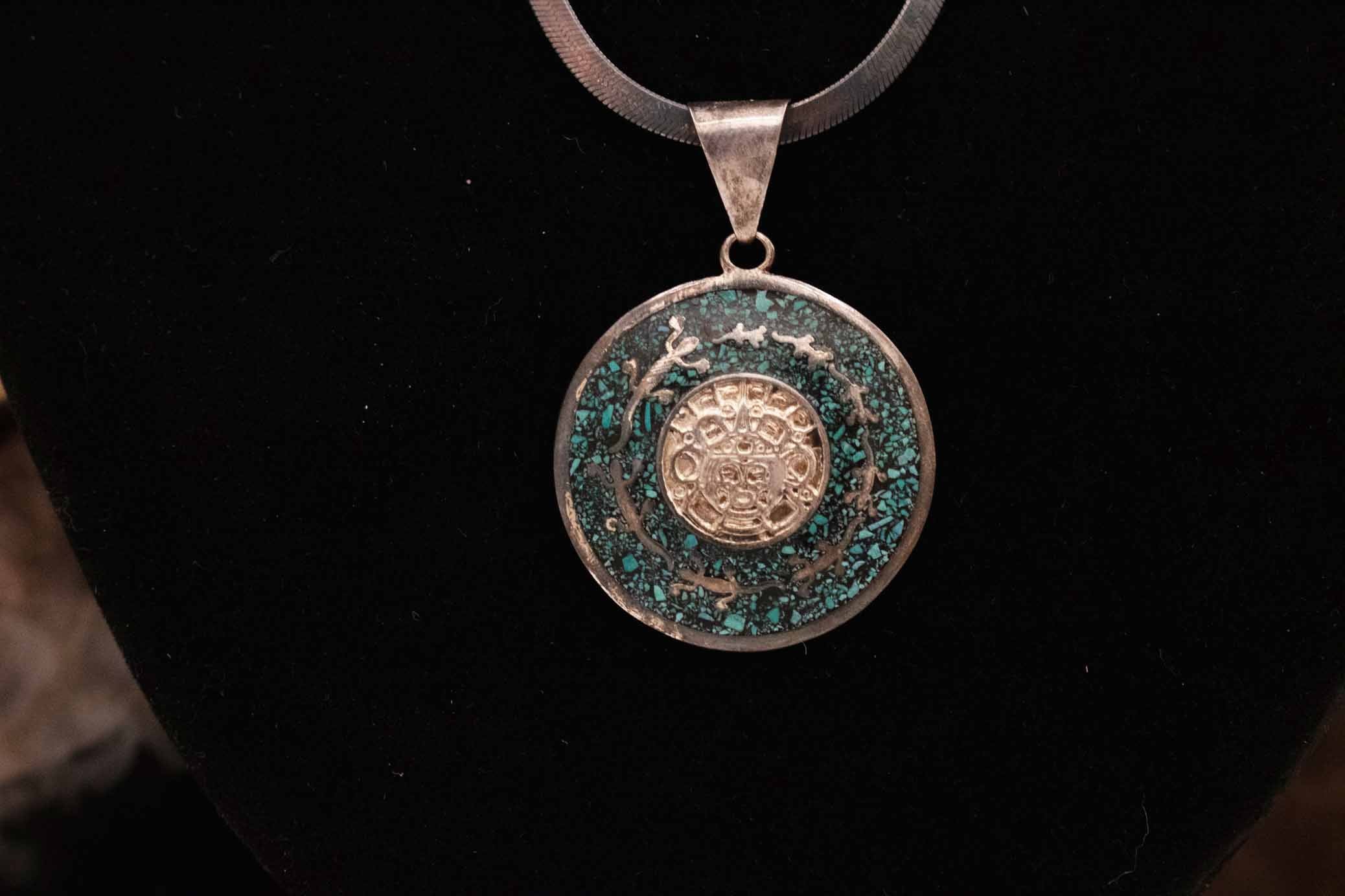 Vintage Mexican Aztec Calendar Pendant Necklace Sterling Silver Turquoise Inlay