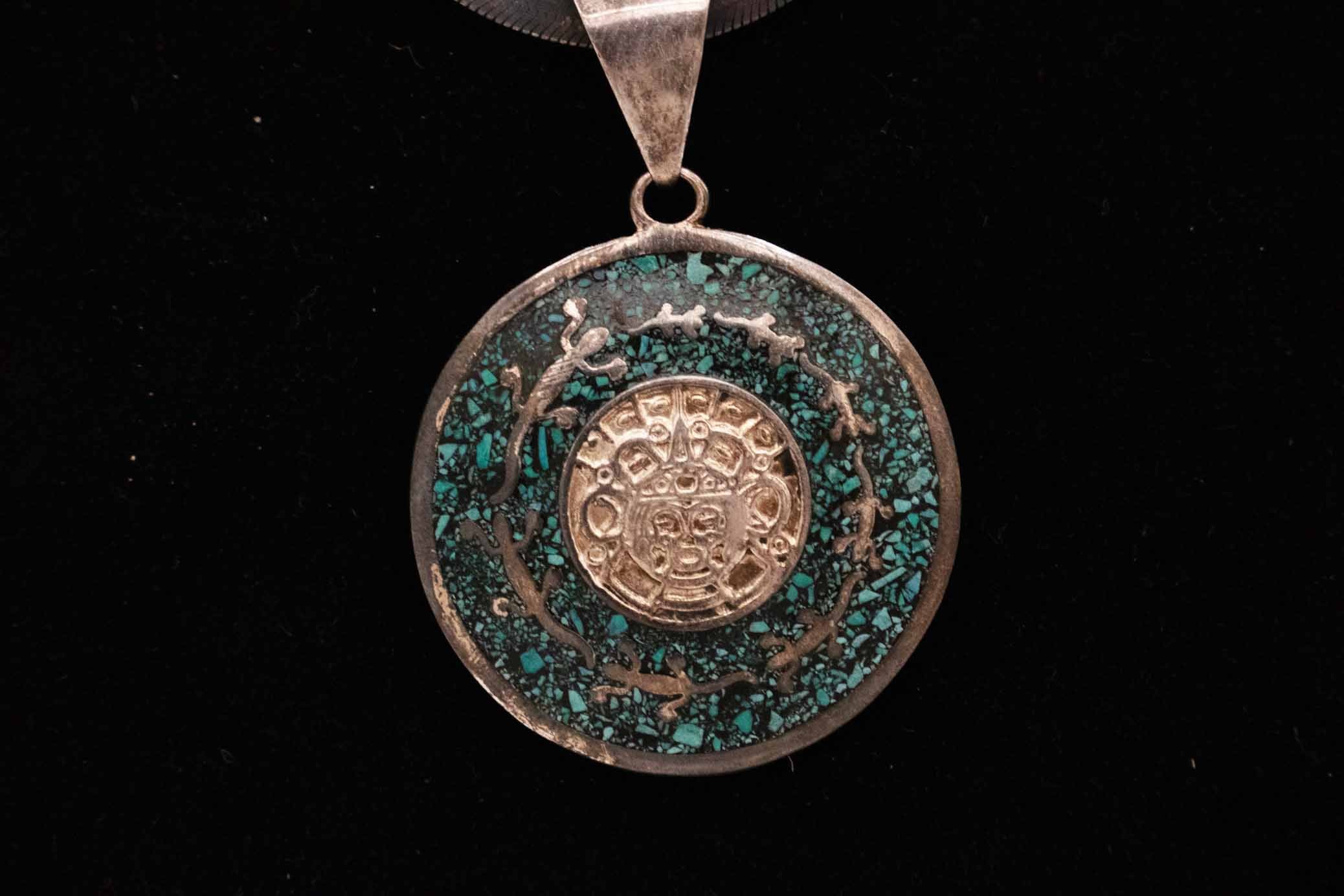 Vintage Mexican Aztec Calendar Pendant Necklace Sterling Silver Turquoise Inlay
