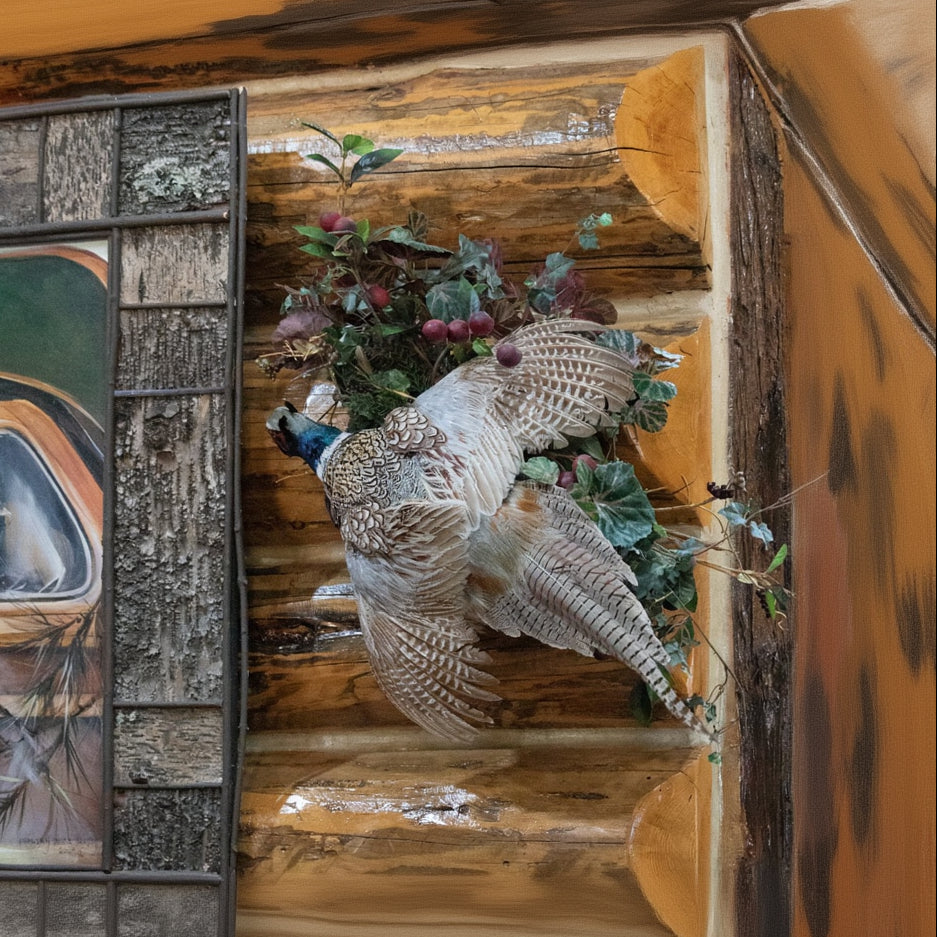 vintage flying Chinese Ringneck pheasant wall mount taxidermy with wings spread rustic lodge cabin wildlife decor display