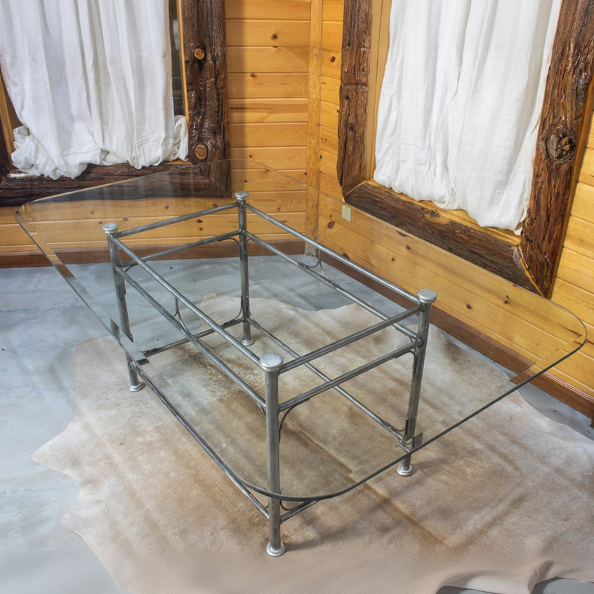 Vintage Raw Metal Table with Glass Tabletop and Six Chairs with Cowhide Cushions (From the Kreiss Collection) Restyled 90s Piece