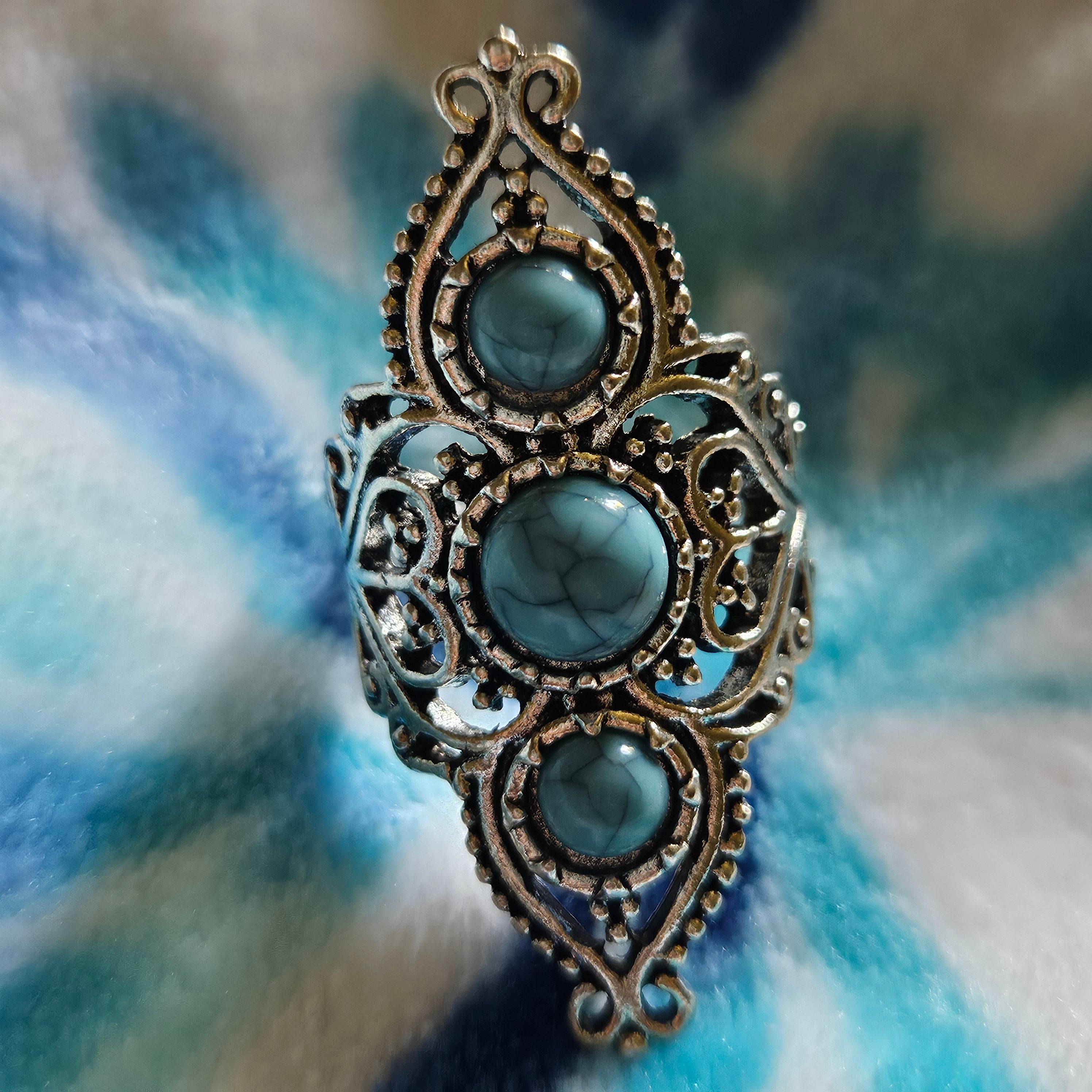 Vintage Style Faux Turquoise Filigree Ring Size 8 Silver Plated Boho Statement Jewelry