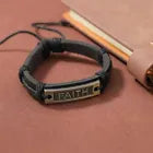Black Leather "Faith" Braided Rope Adjustable Bracelet