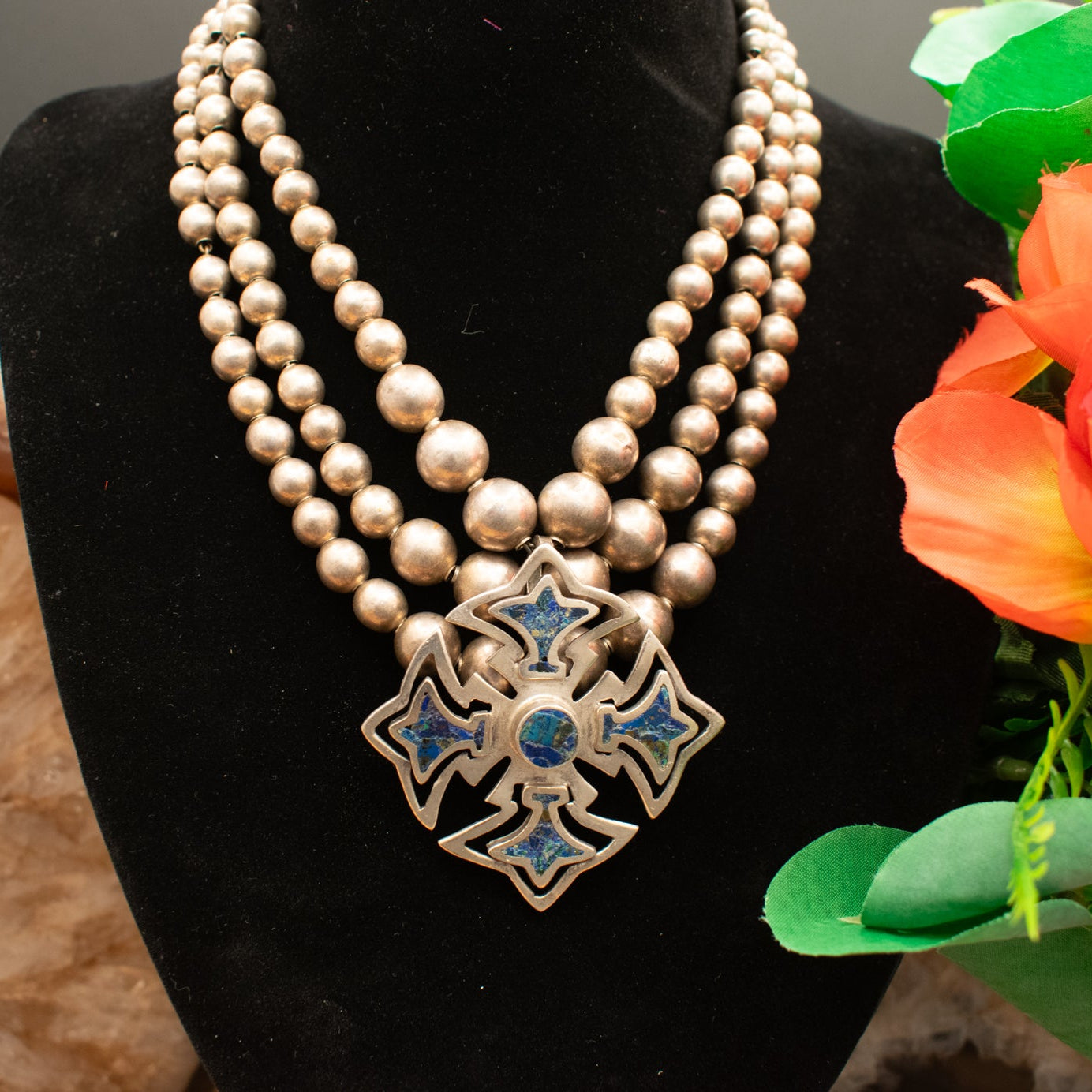 Vintage Mexican Miguel Melendez Sterling Silver Lapis Lazuli Canterbury Cross Pendant on Sterling Silver Bench Bead Necklace with Three Layers