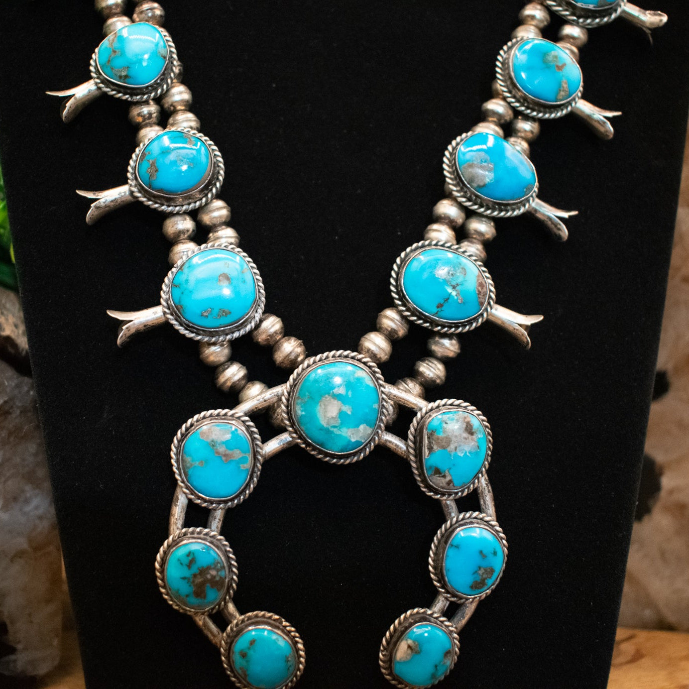 Vintage Navajo Turquoise and Sterling Silver Squash Blossom Necklace Crafted from Morenci