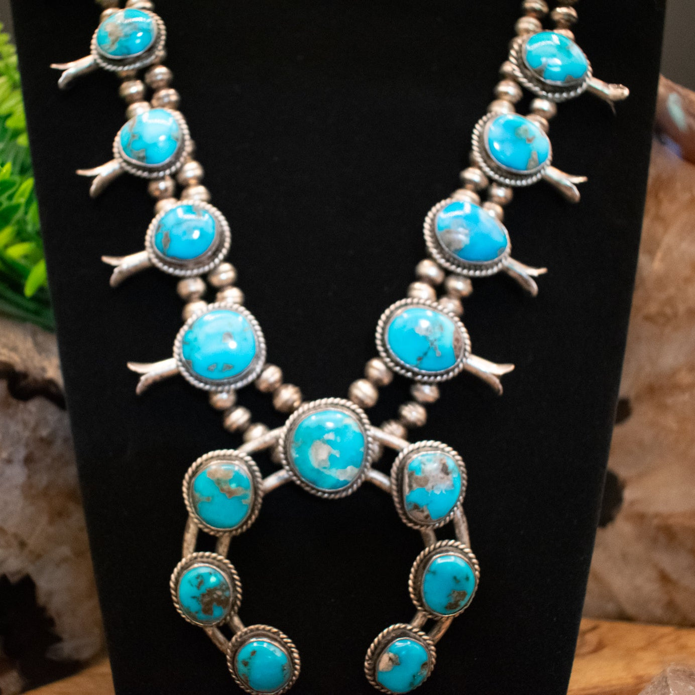 Vintage Navajo Turquoise and Sterling Silver Squash Blossom Necklace Crafted from Morenci