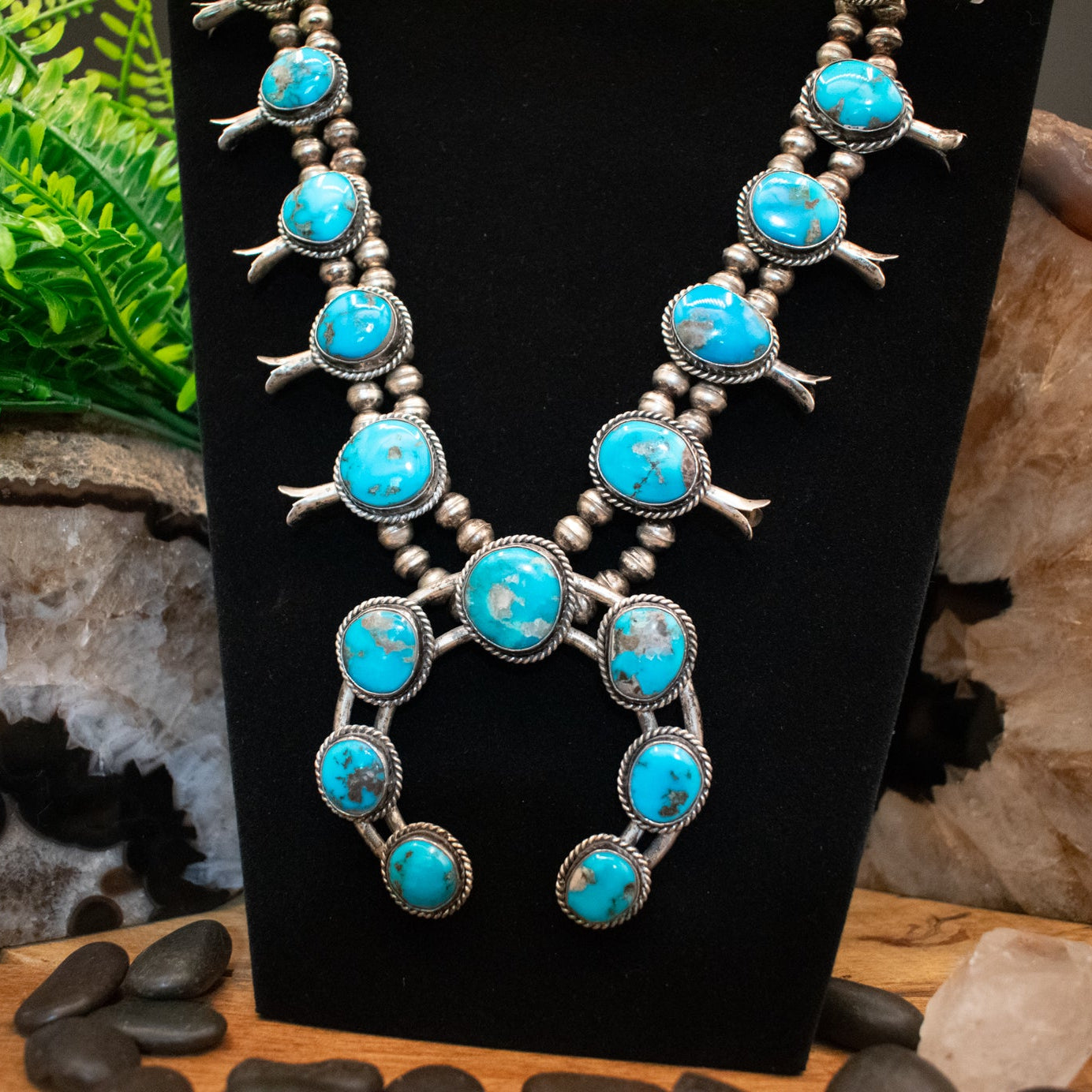 Vintage Navajo Turquoise and Sterling Silver Squash Blossom Necklace Crafted from Morenci