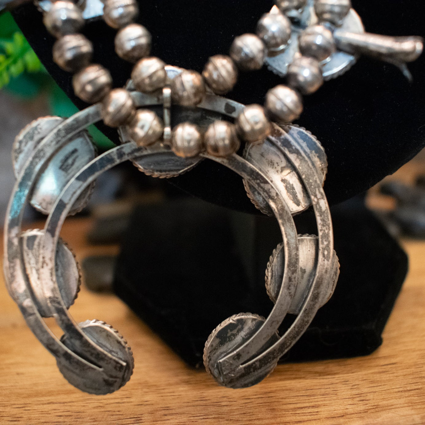 Vintage Navajo Turquoise and Sterling Silver Squash Blossom Necklace Crafted from Morenci