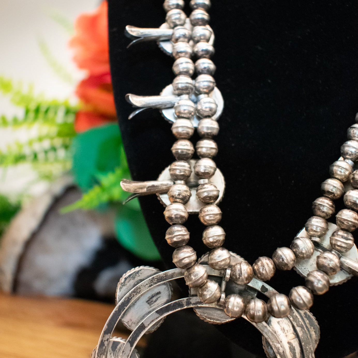Vintage Navajo Turquoise and Sterling Silver Squash Blossom Necklace Crafted from Morenci