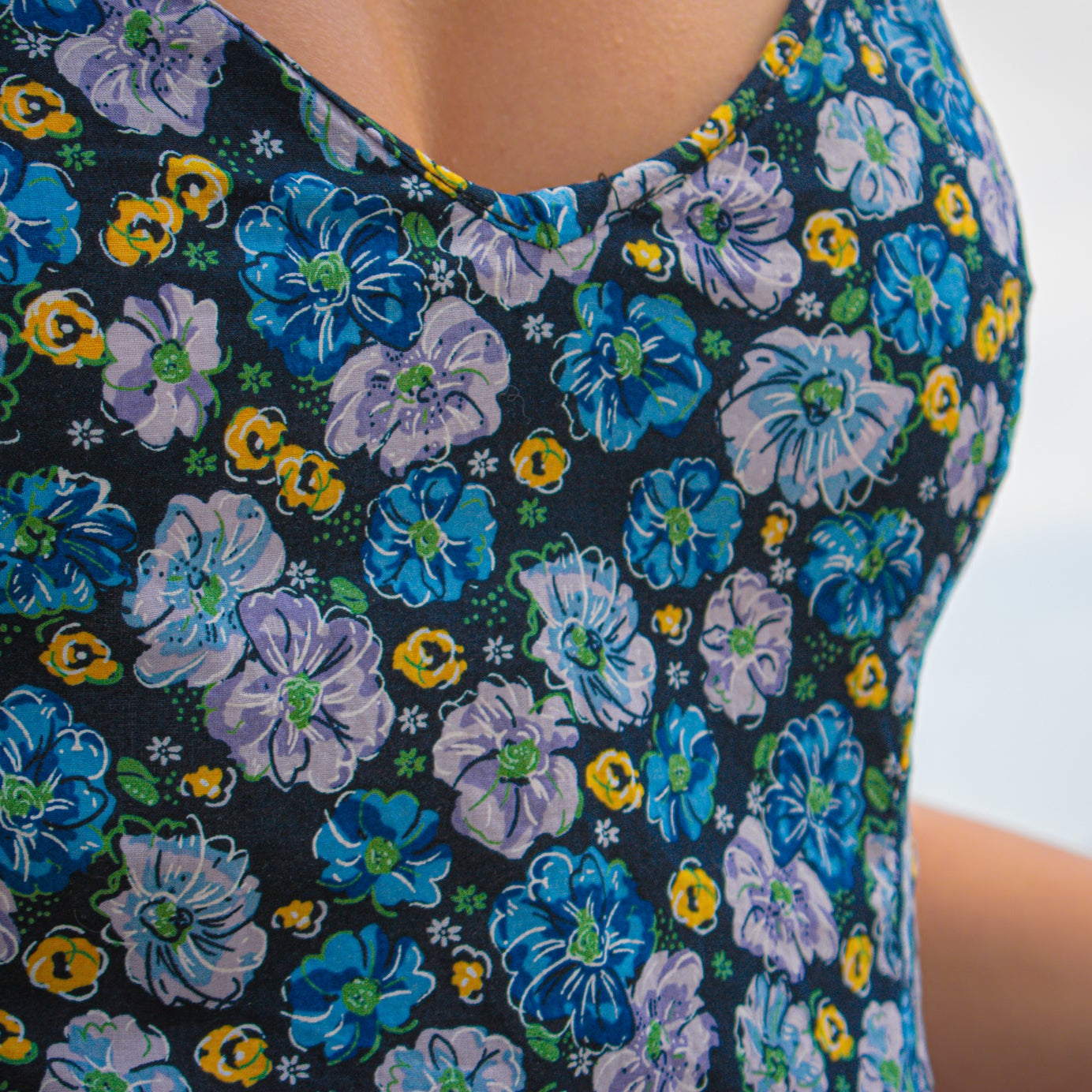 Miley Max Cyrus Azria Black Mini Dress with Blue/Lilac/Yellow flower Print with Shoulder Tie Straps