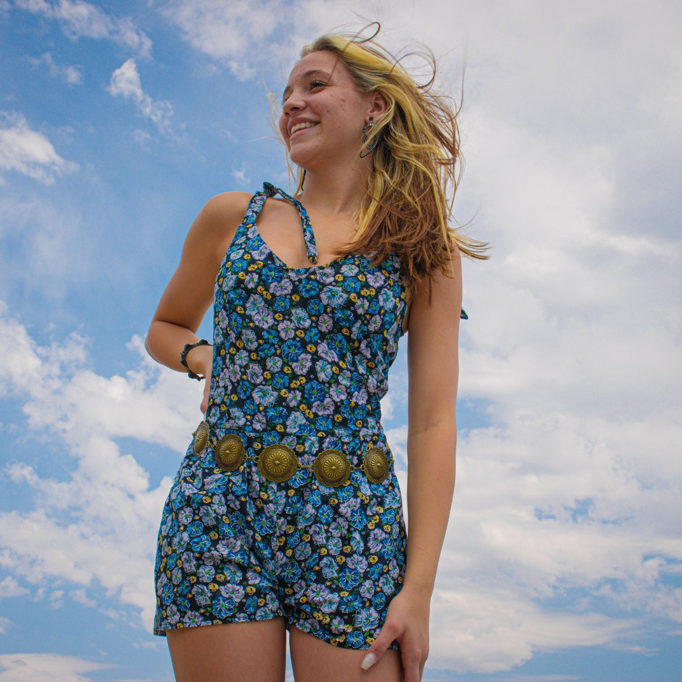 Miley Max Cyrus Azria Black Mini Dress with Blue/Lilac/Yellow flower Print with Shoulder Tie Straps
