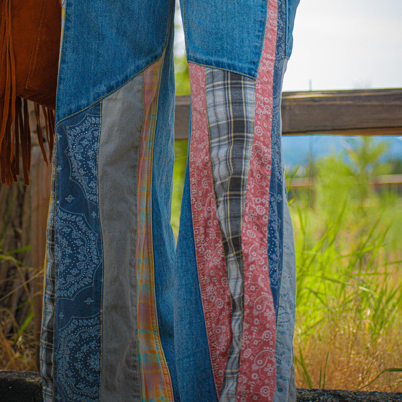 Easel Patchwork Bell Bottom Jeans - Size S