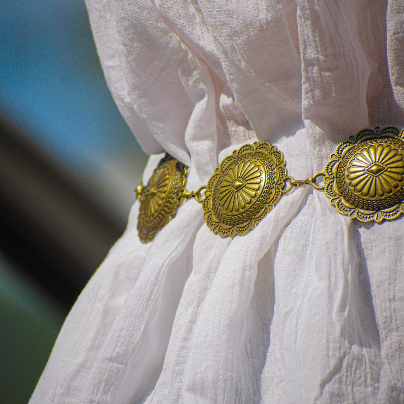 Brass Toned Metal Round Concho Belt Fits 26 to 38