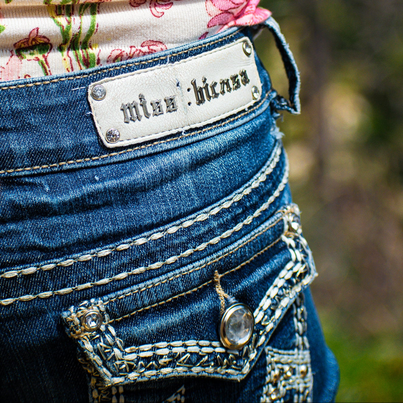 Miss Chic Boot cut Jeans with Jewel Embellishments/Thick White Stitching Embellishing the Butt.