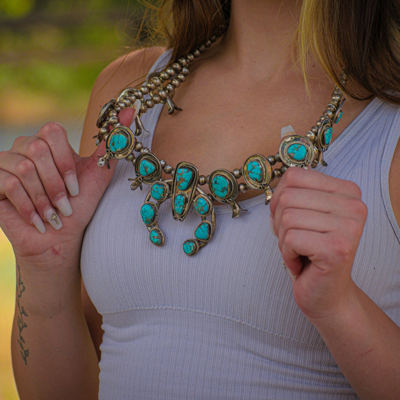 Vintage Navajo Turquoise Sterling Silver Squash Blossom Necklace