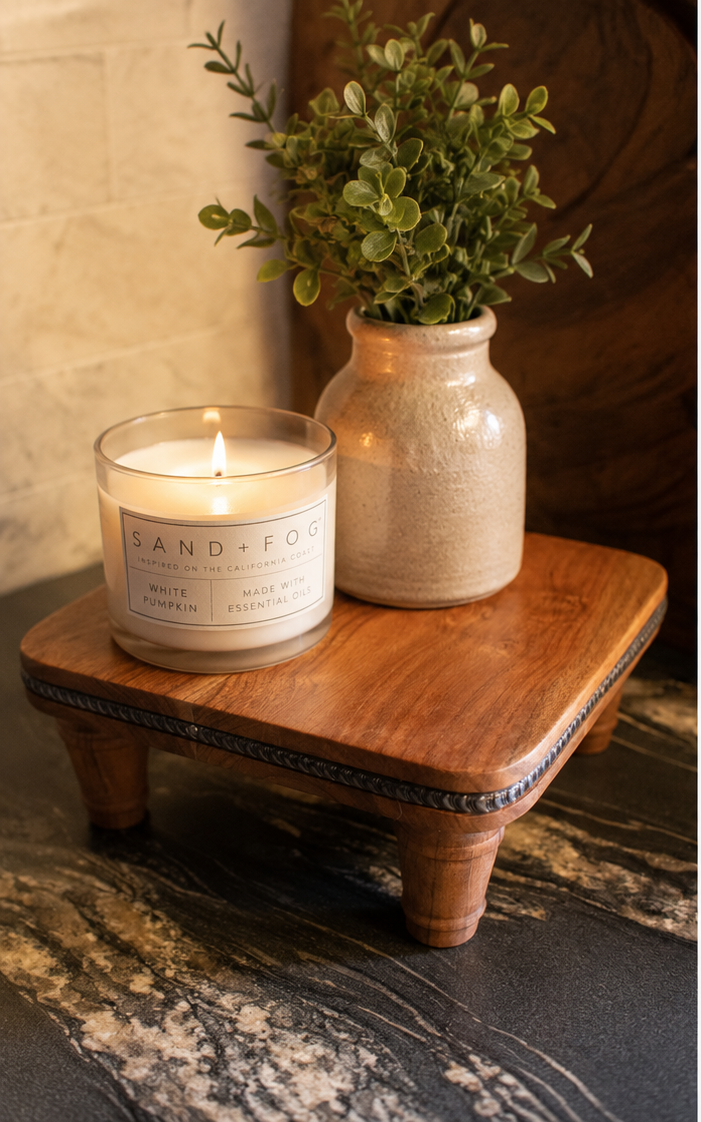 handcrafted solid wood pedestal display stand with turned legs and rich natural wood grain finish displayed on countertop