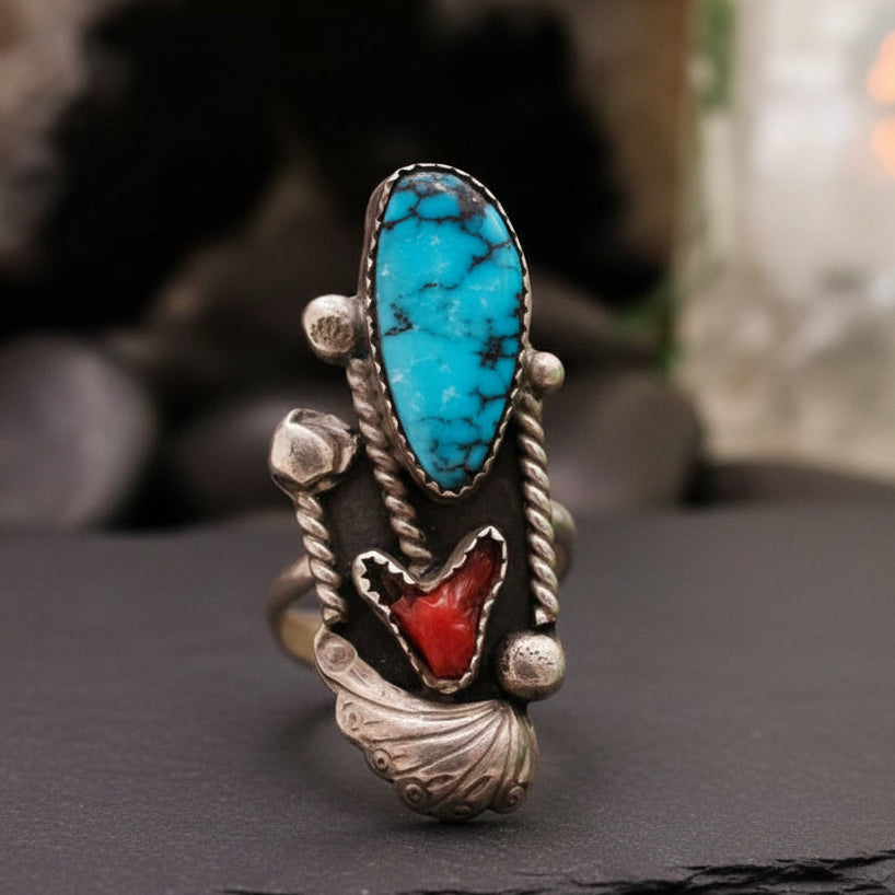 Authentic Vintage Navajo Sterling Silver Fine Turquoise Coral Ring Size 6
