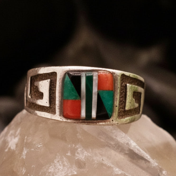 Vintage Navajo Zuni Sterling Silver and Multi-Gemstones Inlayed Ring size 8.5