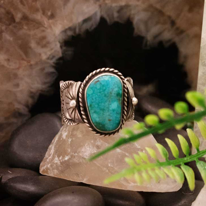 Bruce Morgan Navajo Sterling Silver & Water Webber Kingman Turquoise Ring- Size 12.5
