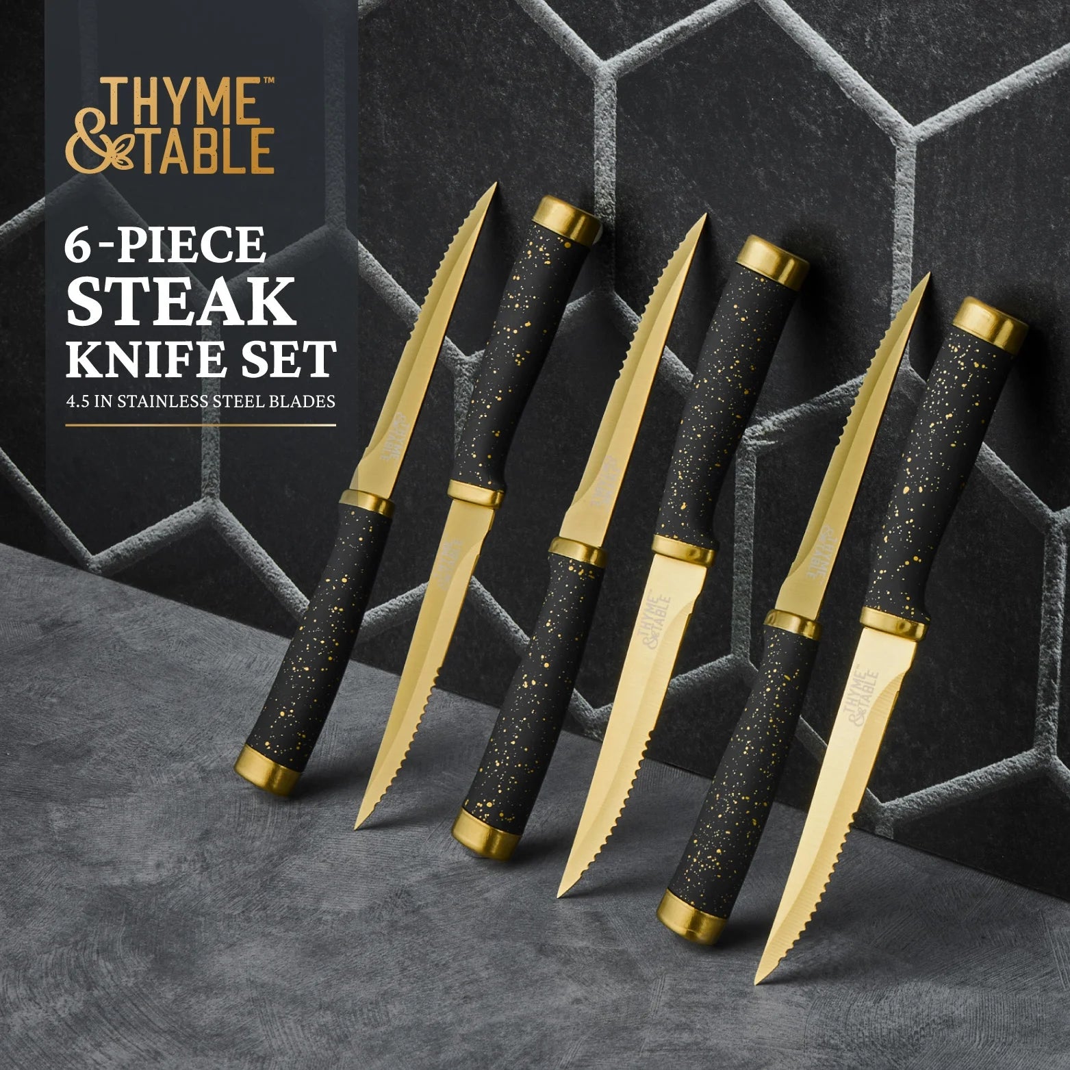 Thyme & Table 6-Piece Steak Knife Set with Stainless Steel Gold Blades and Protective Sheaths