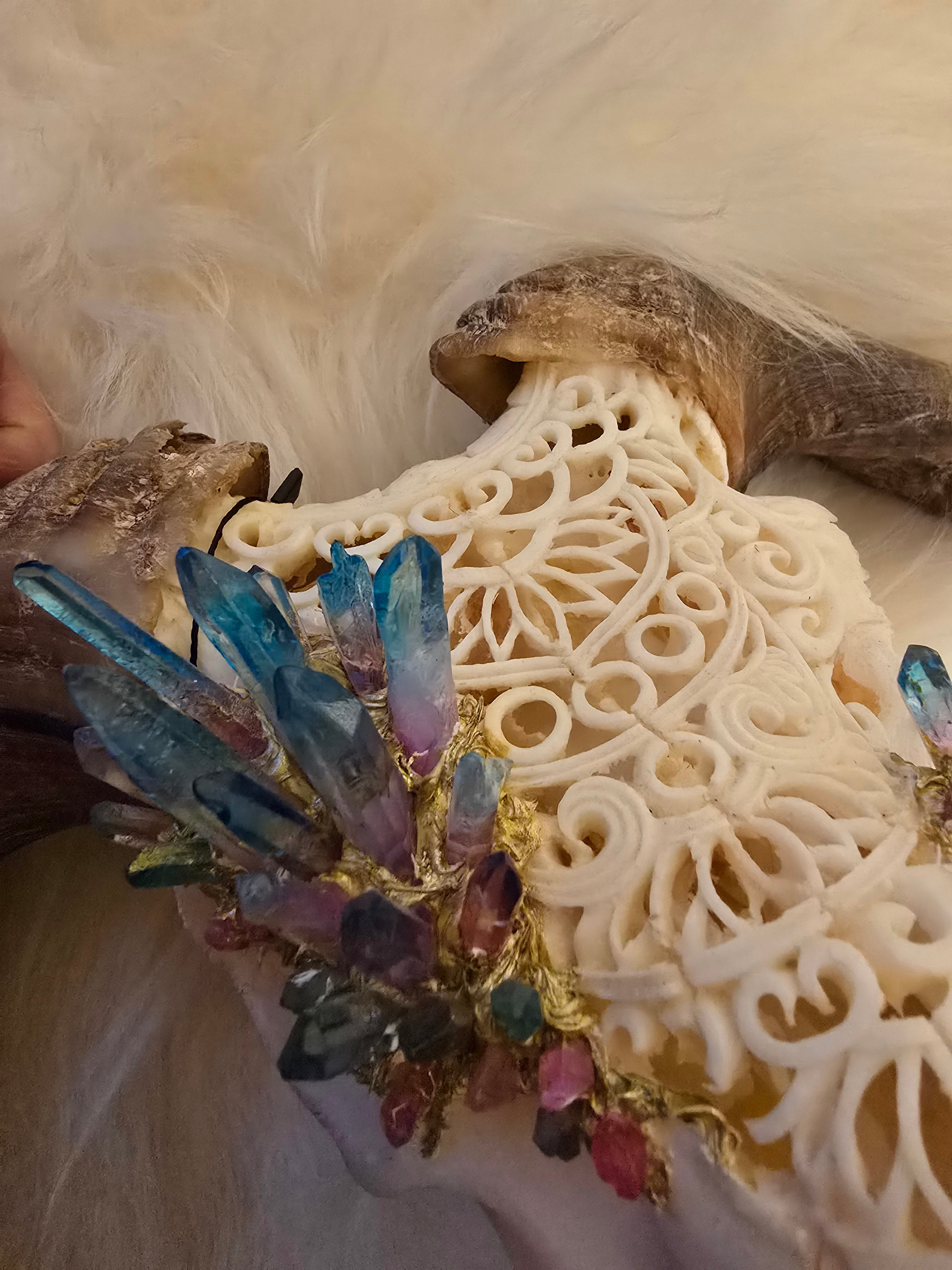 Custom Carved Bull Skull with Inlayed Integrated Crystals