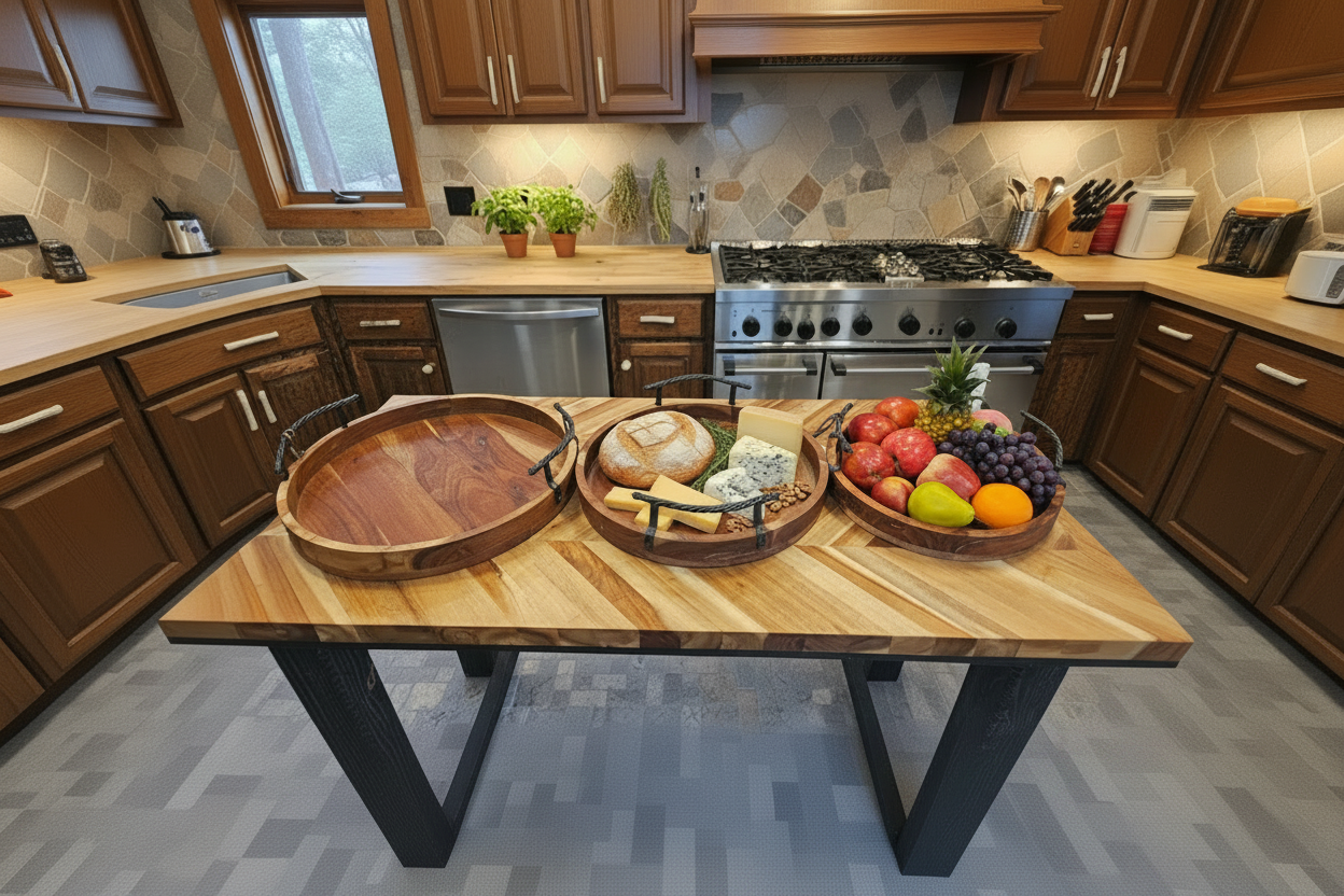 Acacia Wood Serving Trays with Metal Handles