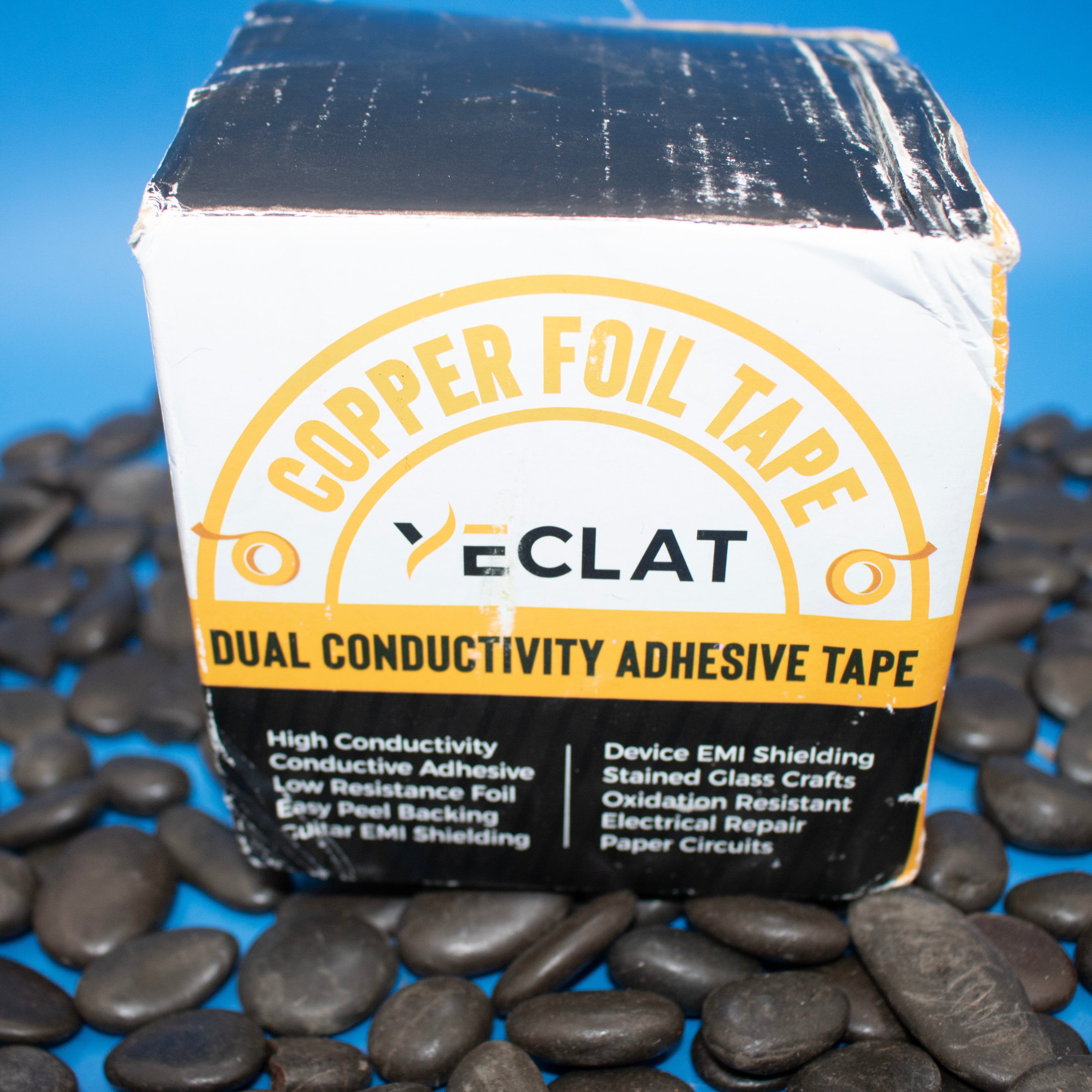 A box of copper foil tape with adhesive backing, emphasizing the product's use in electrical and shielding applications. Copper Foil Tape