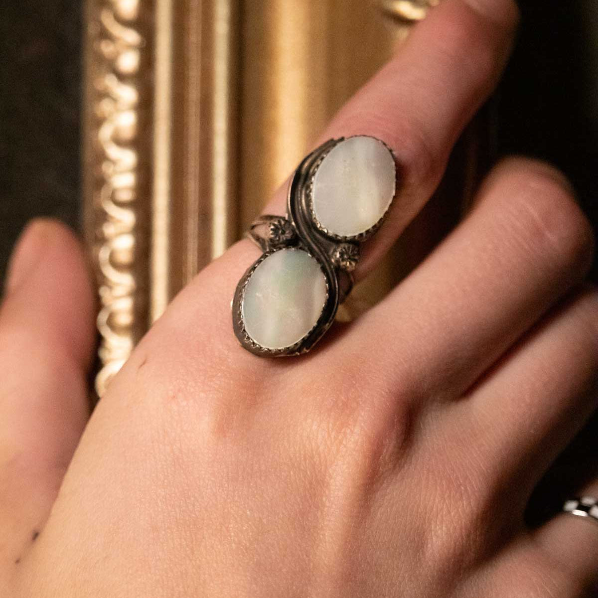 Vintage Sterling Silver Ring with Two Mother of Pearl Stones- Size 4