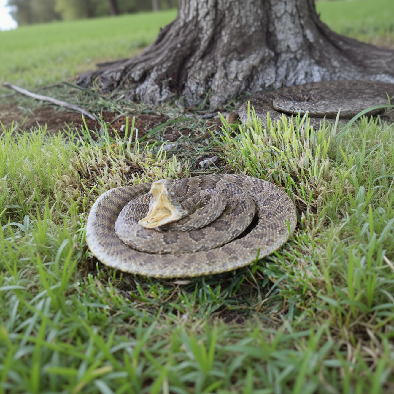 vintage Prairie Rattlesnake taxidermy mounted in open mouth low coiled strike pose wildlife collectible display piece