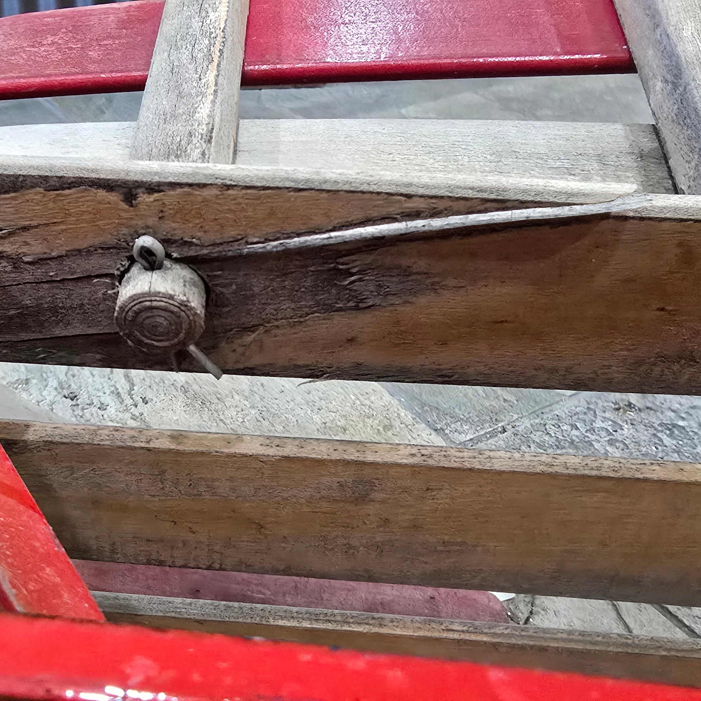 Vintage Wooden Sled With Steel Runners Red Accents & Wooden Handle