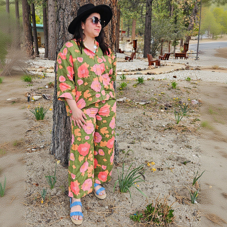 Magaschoni 2pc Set Spring Garden Top & Crop Wide Leg Pants Linen