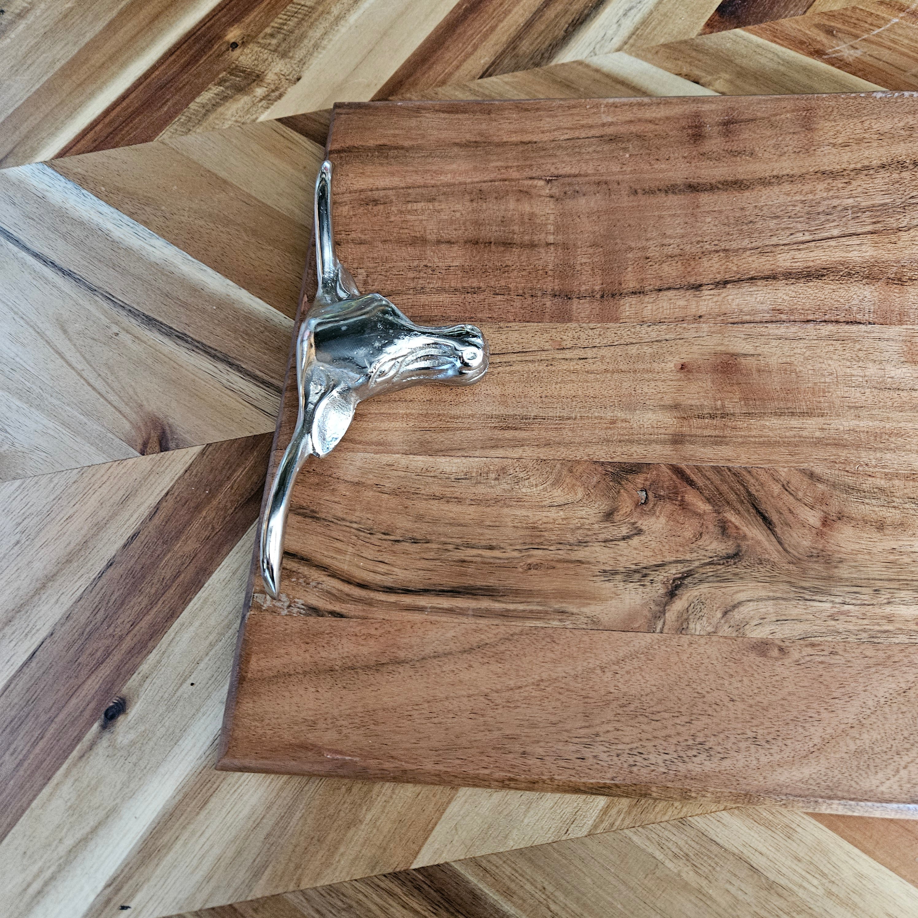 Wood Serving Tray with Metal Bull Handles