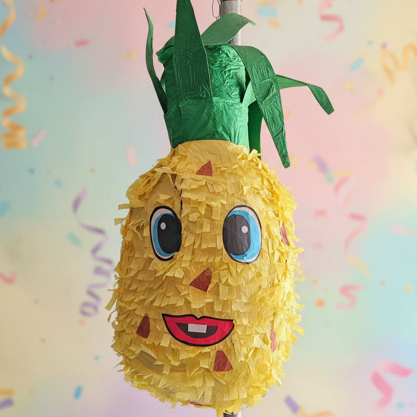 Yellow pinata shaped like a pineapple with a face