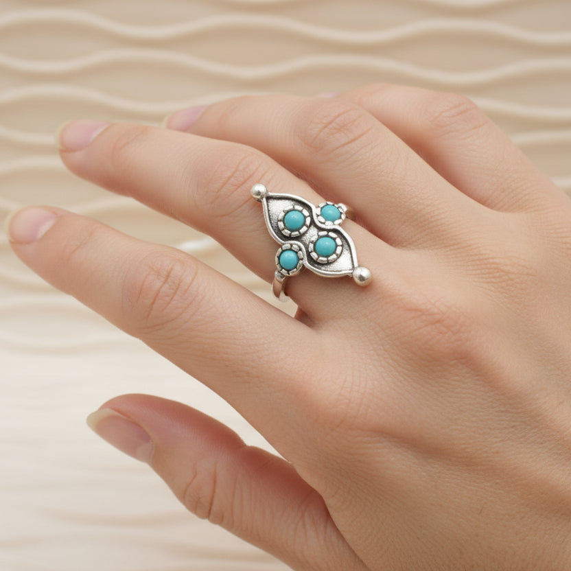 Silver Tone Four Stone Faux Turquoise Ring Size 4.5