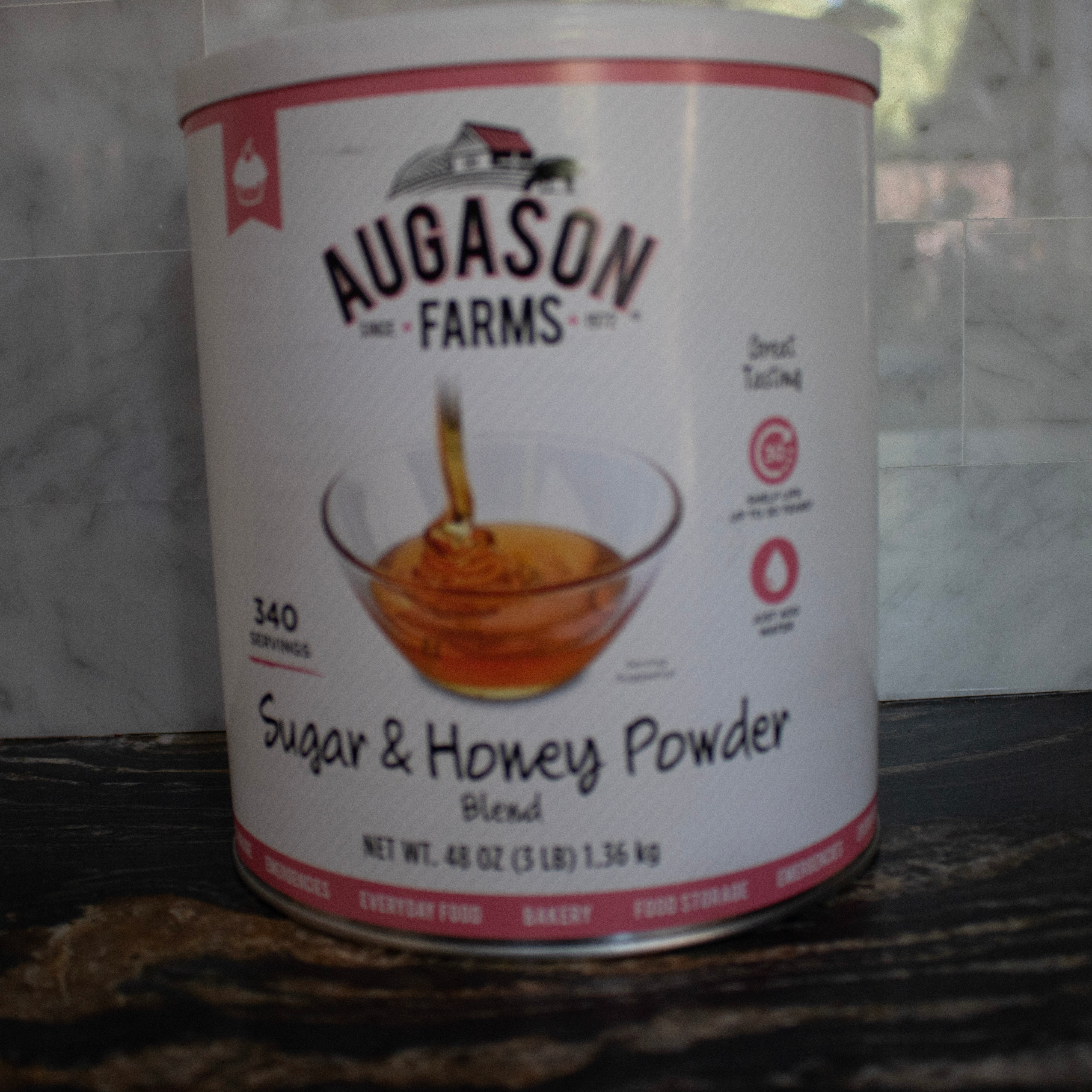 A can of Augason Farms Sugar & Honey Powder Blend, 