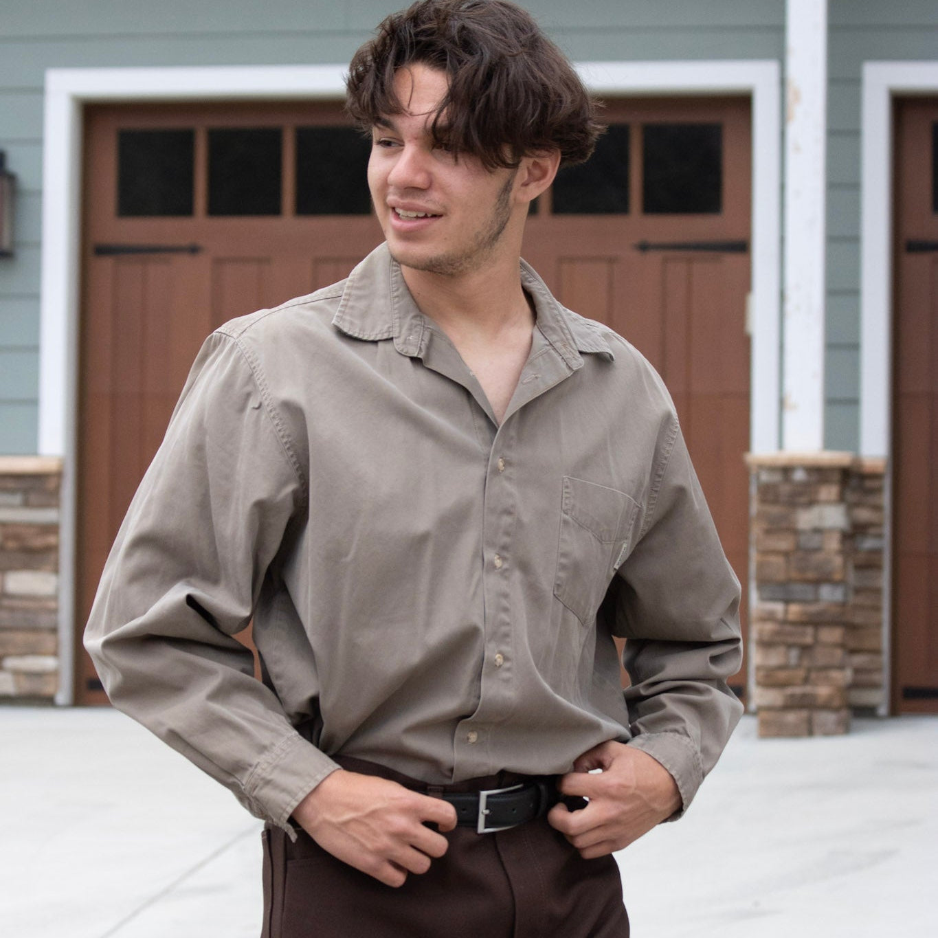 American Traditional Guess Jeans Long Sleeve Sand Brown Button-up