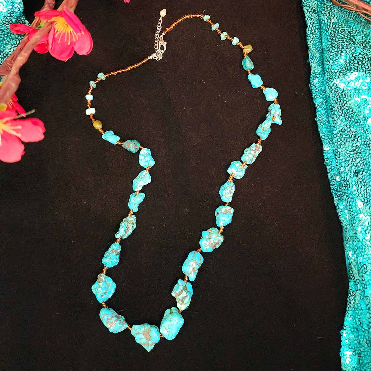 Navajo Turquoise Nugget Beaded Necklace 16" Long